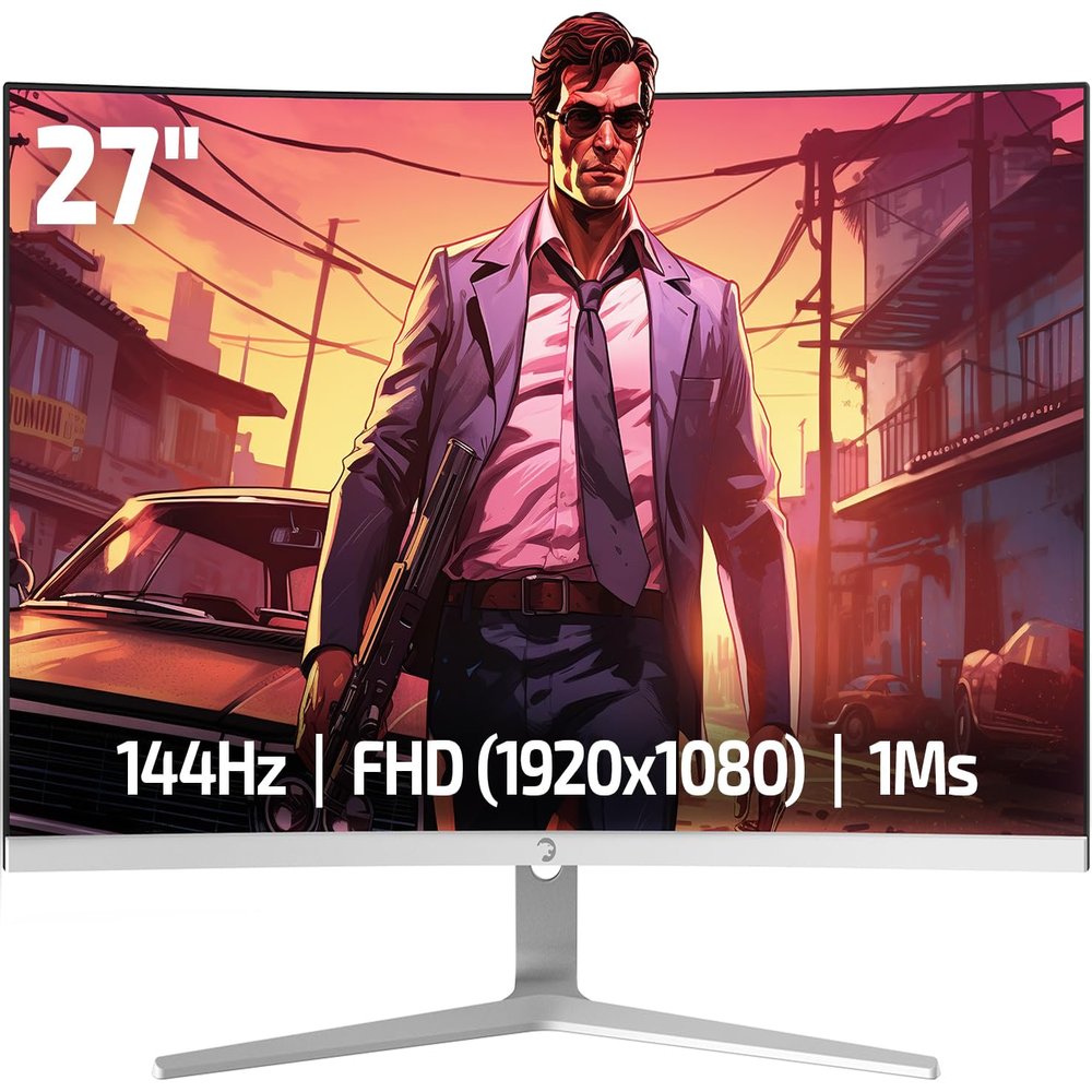 GAMEPOWER F20 27 Inch Curved White Gaming Monitor, 120Hz 1080p Display, 1ms Response Time, AMD FreeSync, HDR Support, 125% sRGB, RGB Backlight, Dual Speakers, Zero Frame Design, HDMI and VGA Inputs