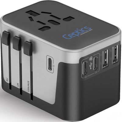 Ceptics 30W Universal Travel Adapter - 2 USB-A + 3 USB-C, 6 in 1 Design