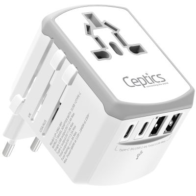 Ceptics Universal Travel Adapter 17.5W, 5 in 1 Universal Laptop Charger with 2X USB-A & USB-C 3.5A for Mobiles, Laptops, Cameras US, UK, EU, AU, All in 1 Type A, C, G, I Output, White