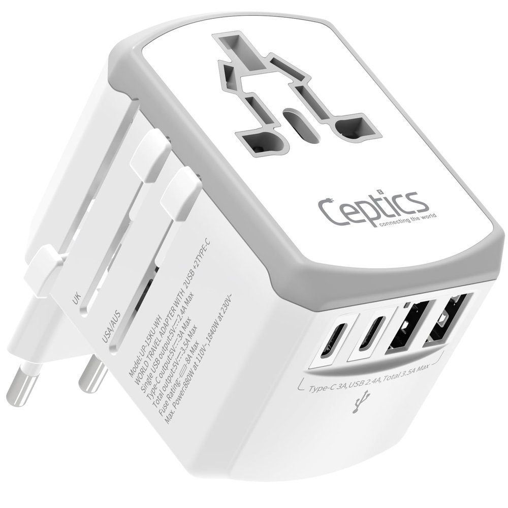 Ceptics Universal Travel Adapter 17.5W, 5 in 1 Universal Laptop Charger with 2X USB-A & USB-C 3.5A for Mobiles, Laptops, Cameras US, UK, EU, AU, All in 1 Type A, C, G, I Output, White