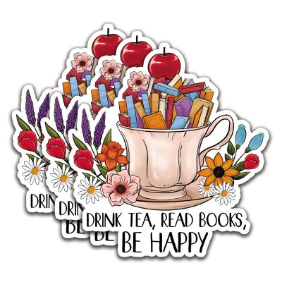 (3Pcs) Drink Tea Read Books Be Happy Stickers Read Books Sticker Reading Decal Waterproof Vinyl Stickers Adult for Laptop Kindle Car Tumbler Water Bottle Mug Phone Notebook Helmet - Size 3x2,8