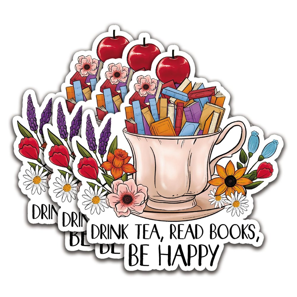 (3Pcs) Drink Tea Read Books Be Happy Stickers Read Books Sticker Reading Decal Waterproof Vinyl Stickers Adult for Laptop Kindle Car Tumbler Water Bottle Mug Phone Notebook Helmet - Size 3x2,8