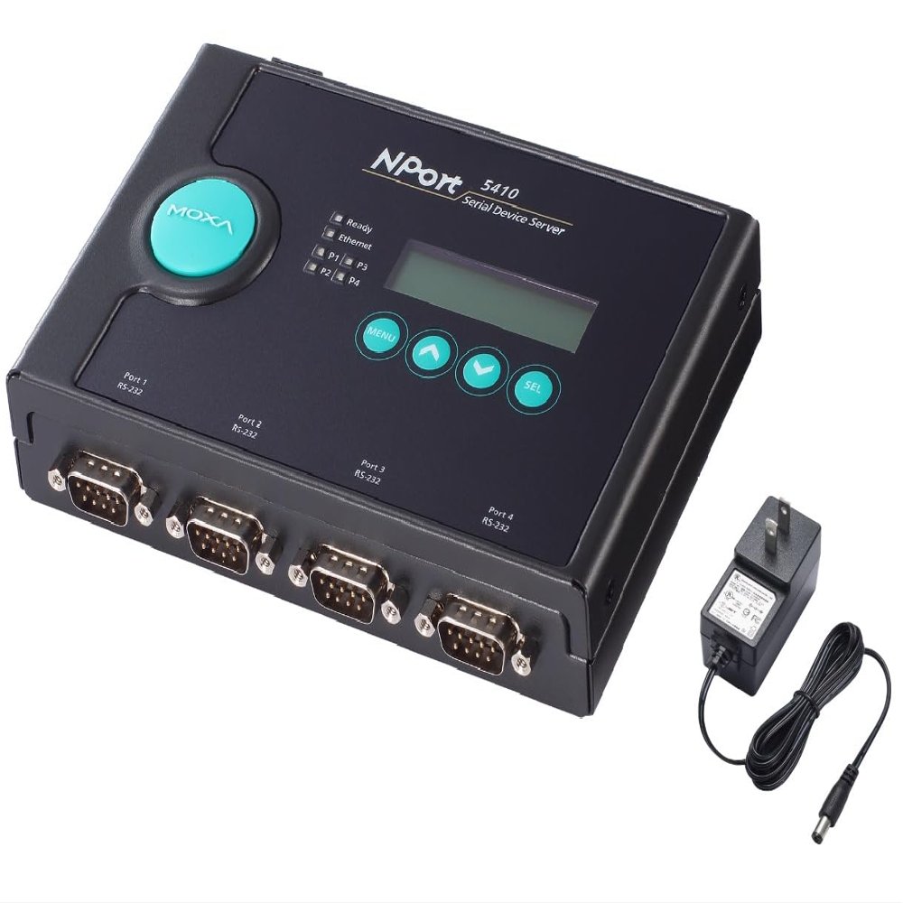 Moxa NPort 5410 with Adapter - 4 Port Device Server, US Plug, 10/100M Ethernet, RS-232, DB9 Male, 12-48VDC, 0 to 55C