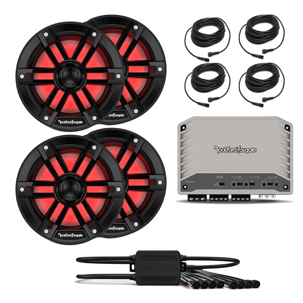 Rockford Fosgate M2-300X4 4 Channel Marine Amplifier with 2 Pairs M1-65B M1 Series 6.5" Marine Black + (1) PMX-RGB Optix Light Controller + (4) RGB-25 25' Extension Cable