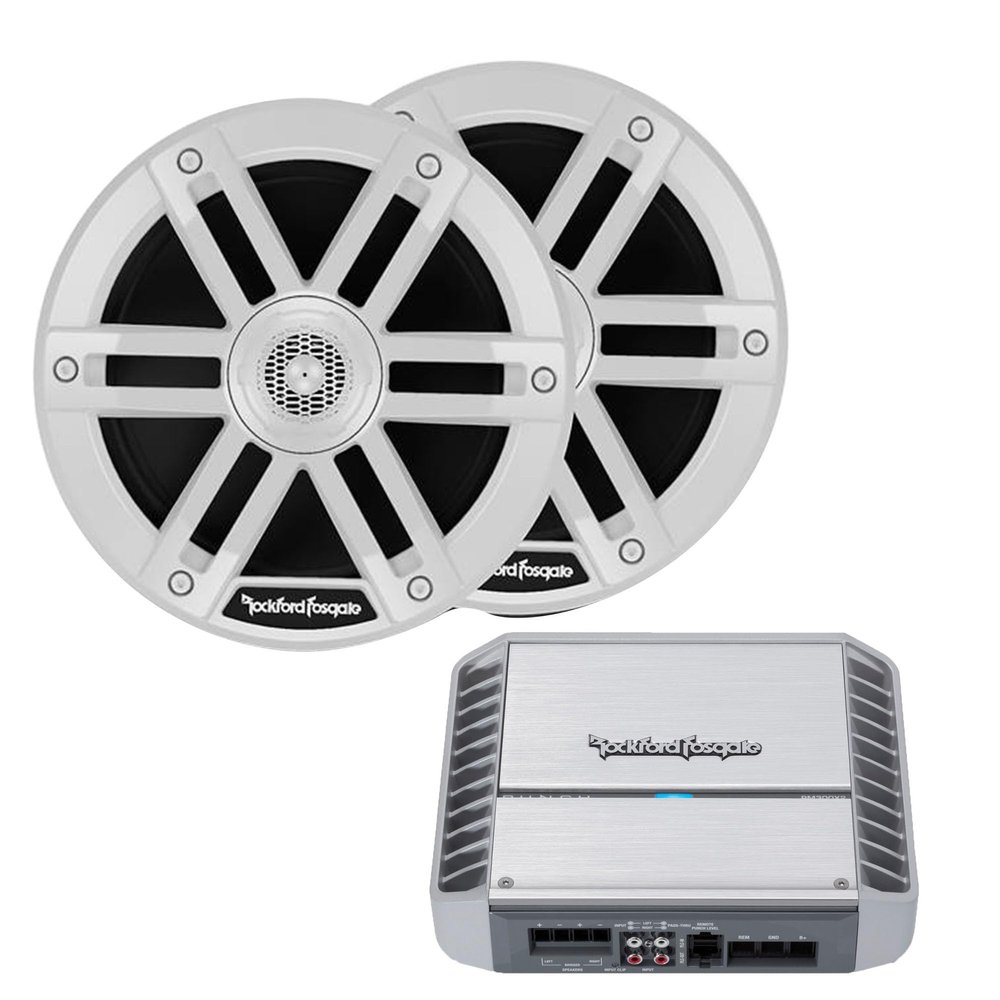 Rockford Fosgate PM300X2 2 Channel Marine Amplifier with 1 Pair M0-65 6.5 Marine 2-Way System - White Grilles Included