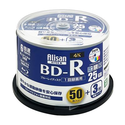 Alisan AL-BDR6X53SP Blu-ray Disc BD-R for Single Recording, 25 GB, 53 Sheets (50 Sheets + 3 Pieces), Spindle, Single Sided, 1-6x Speed, White Label