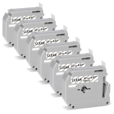 6-Pack, Label KINGDOM M Tape Clear Compatible with Brother P-Touch Label Tape M-K131S M131 M-131 MK131 Label Tape 12mm 0.47 Fit for Brother PT70 PT90 PT85 PT65 PT45 Brother Pt-M95 P-Touch Clear Tape