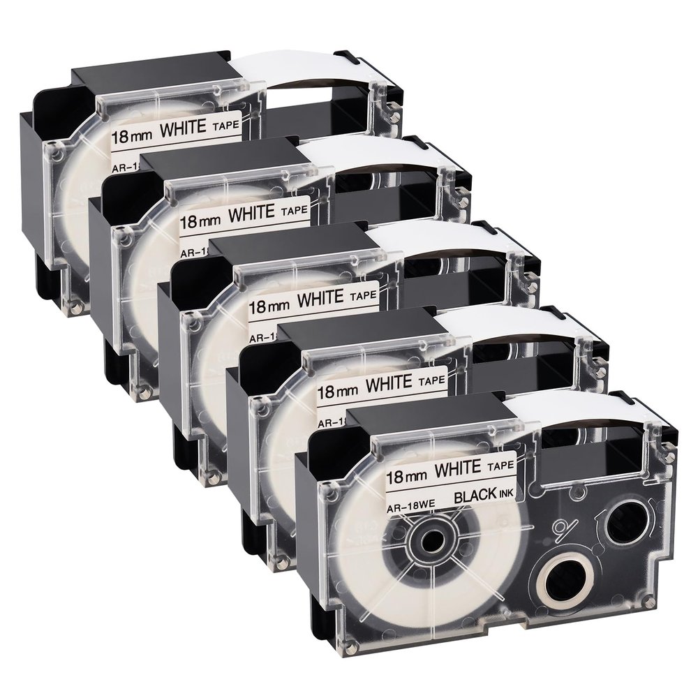 GREENCYCLE 5PK Compatible for XR-18WE XR-18WE2S AR-18WE 18mm 3/4" EZ Black on White Label Maker Tape for KL-750 KL-780 KL-7000 KL-7200 KL-120 KL-820 Label Printer