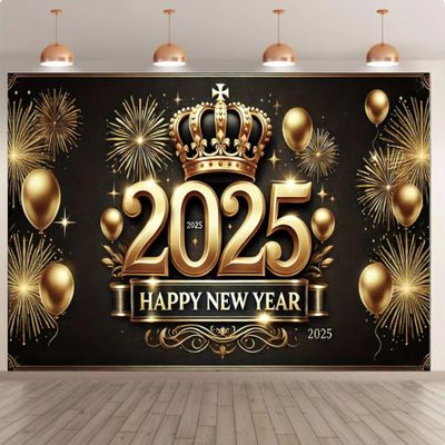10x8 feet 2025 Happy New Year Celebration Banner 2025 Photography Background Holiday Black and Gold Decorations Home Decorations Photo Gallery