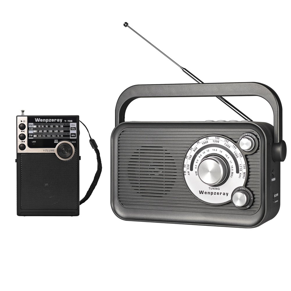 Wenpzeray Y-706 Portable Pocket Radio AM FM SW Band ReceiverBlack and D218 Retro Portable AM FM SW Radio Great Sound BT Speaker Radio (Grey)