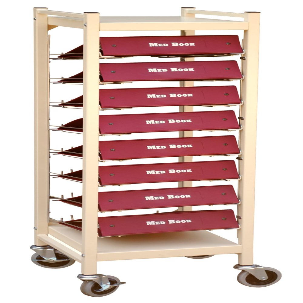 American Made Medical Chart Organizer Rack on Wheels, Welded Steel Frame, Coated Wire Shelves (Beige, 8 Binder Capacity (4.25" Max Size)