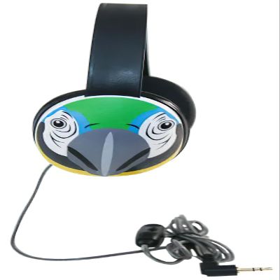 2810-PAR Listening First Headphones, Parrot Motif; Adjustable and Flexible Headband; Slotted Baffles in Ear Cups; 3.5mm Plug; 5.5-Foot Attached Cord; Inline Volume Control