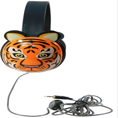 2810-TIG Listening First Headphones, Tiger Motif; Adjustable and Flexible Headband; Slotted Baffles in Ear Cups; 3.5mm Plug; 5.5-Foot Attached Cord; Inline Volume Control