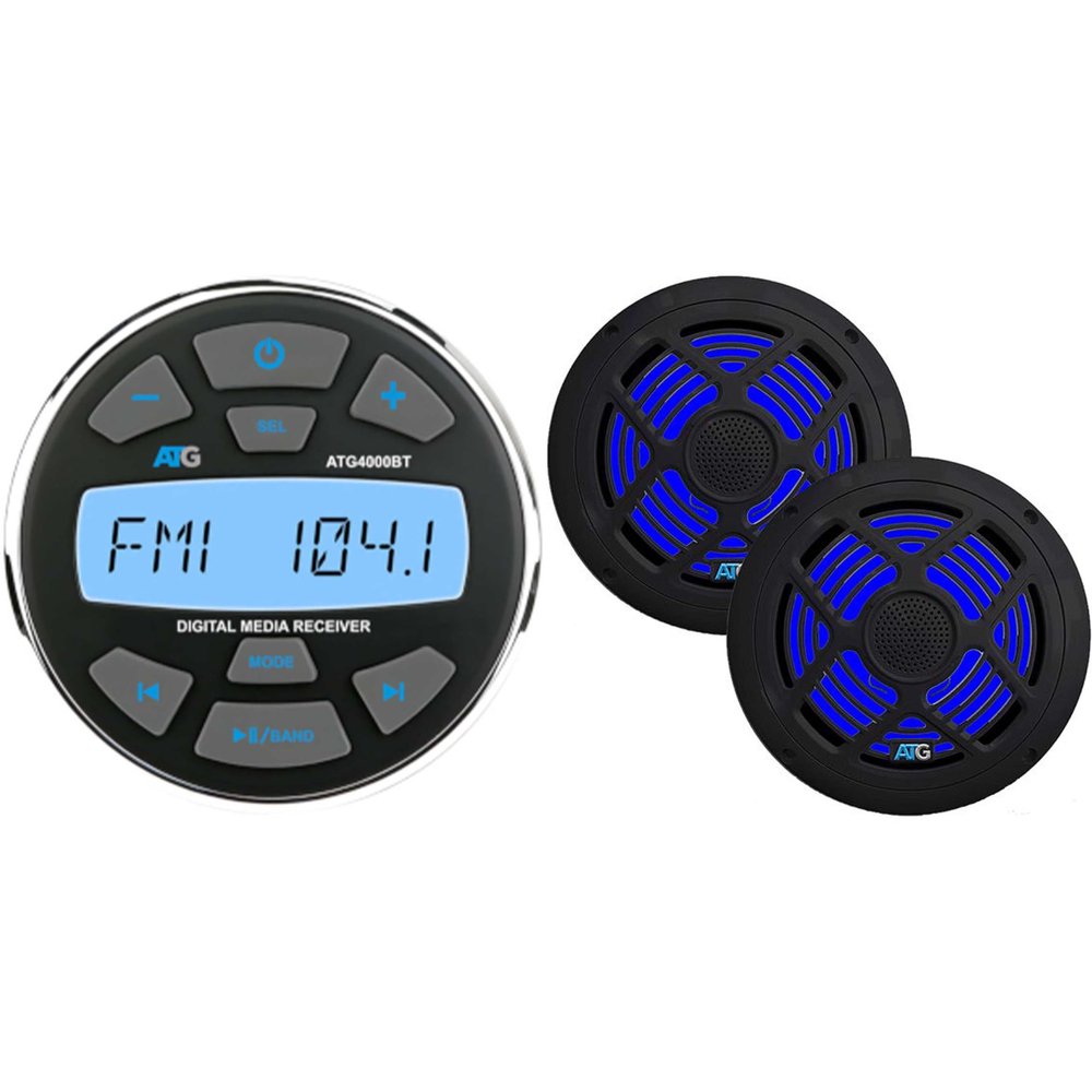 ATG Marine Audio Bundle Gauge Mount Radio with Bluetooth and 6.5" Black Marine RGB LED Speakers