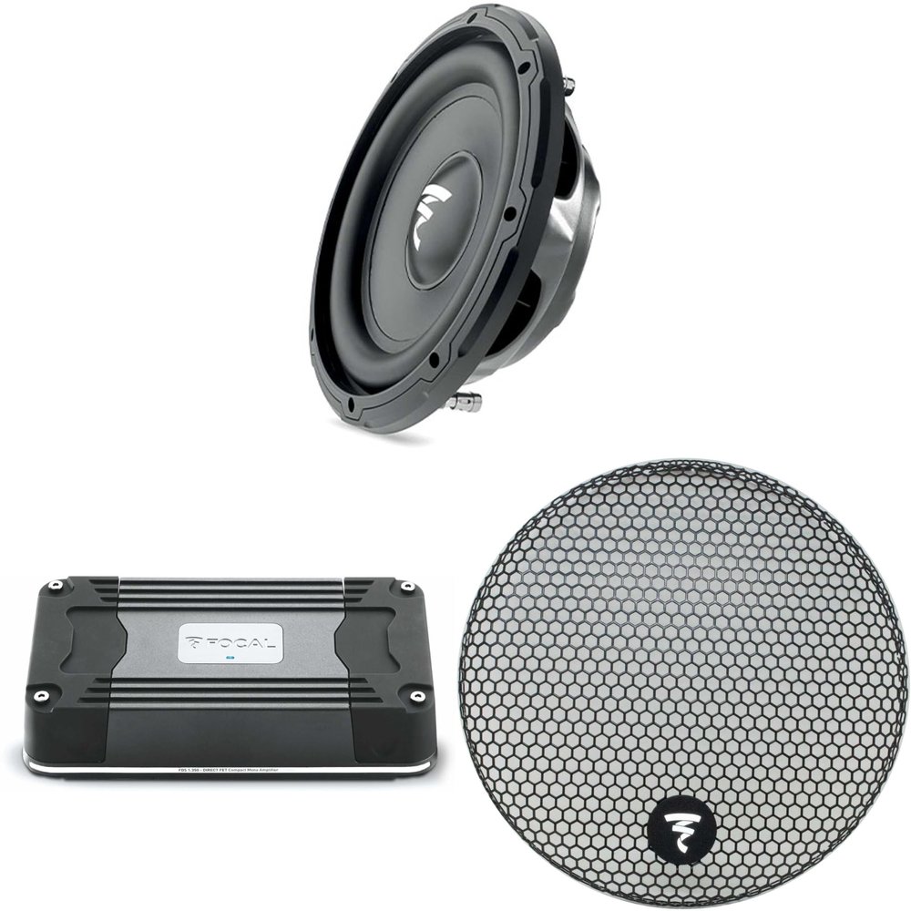 Focal SUB 10 Slim 10" Shallow Mount Subwoofer, Single 4-Ohm, 230W RMS - 460 W MAX, GR 10-10" Grille for Subwoofer Line and FDS-1.350 1 Channel Amplifier 1 x 350 W