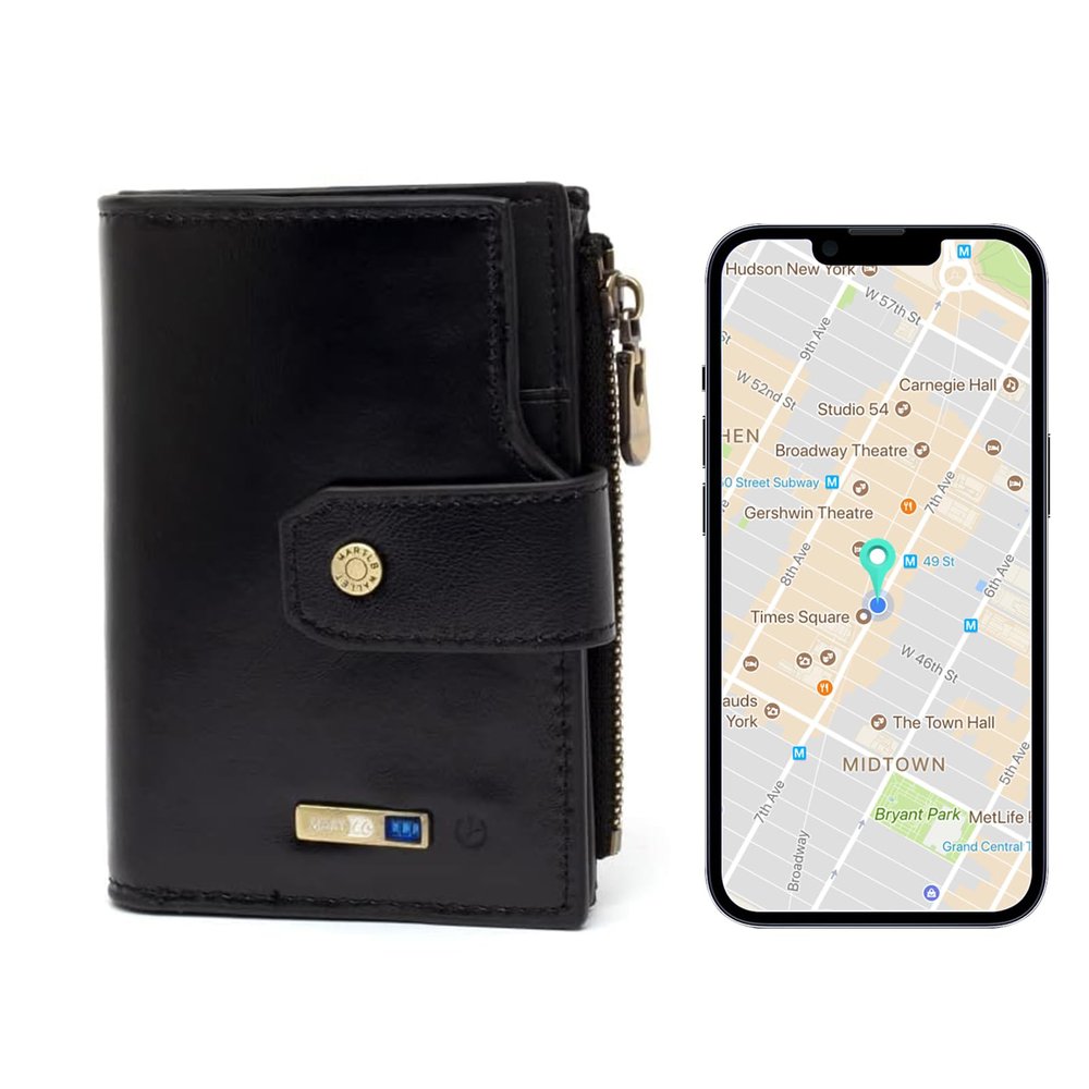 Anti-Lost Bluetooth Wallet Tracker & Finder, Minimalist trackable Wallet for Men, Leather Credit Card Holder (Leather Black)