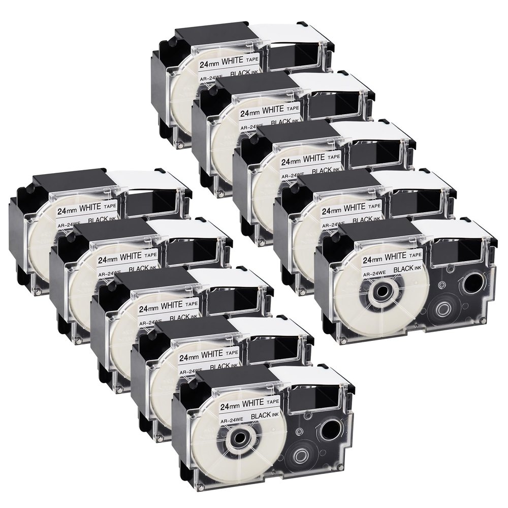 GREENCYCLE 10PK Compatible for XR-24WE XR-24WE2S AR-24WE 24mm 1" EZ Black on White Label Maker Tape for CWL300 KL-430 KL-820 KL-7000 KL-7200 KL-8100 KL-8200 KL-C500 Label Printer