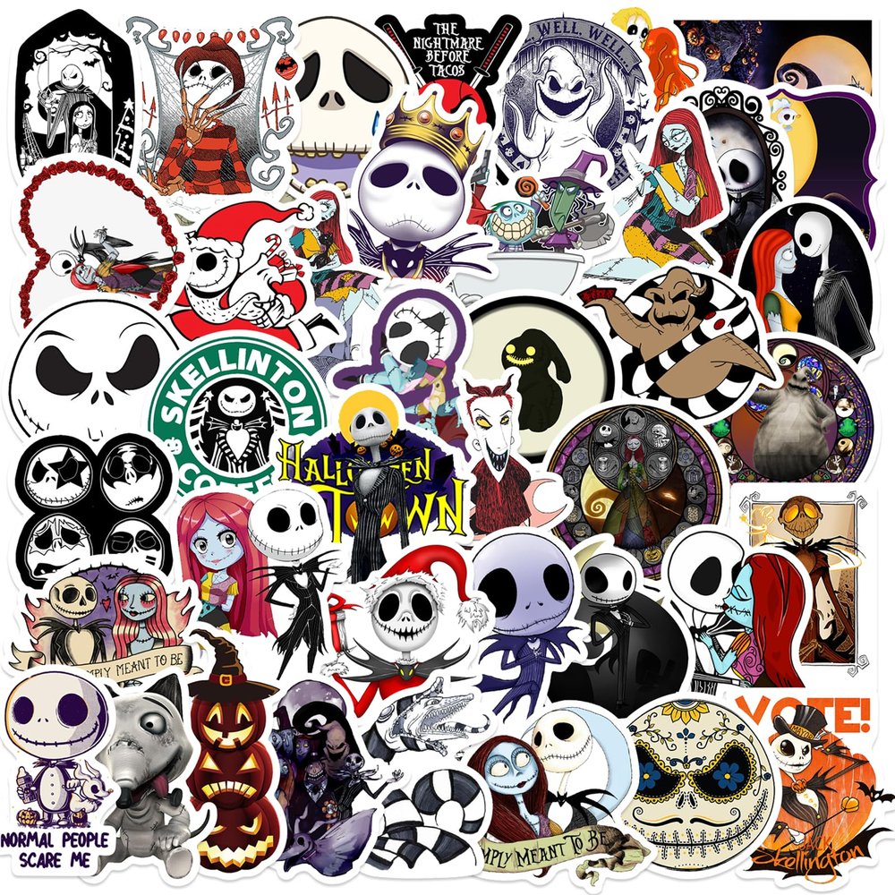 50PCS Cartoon Movie The Nightmare Before Christmas Stickers, Halloween Sticker Pack, TNBC Vinyl Waterproof Stickers Decals for Laptop, Water Bottles, Guitar, Skateboard Stickers for Teens