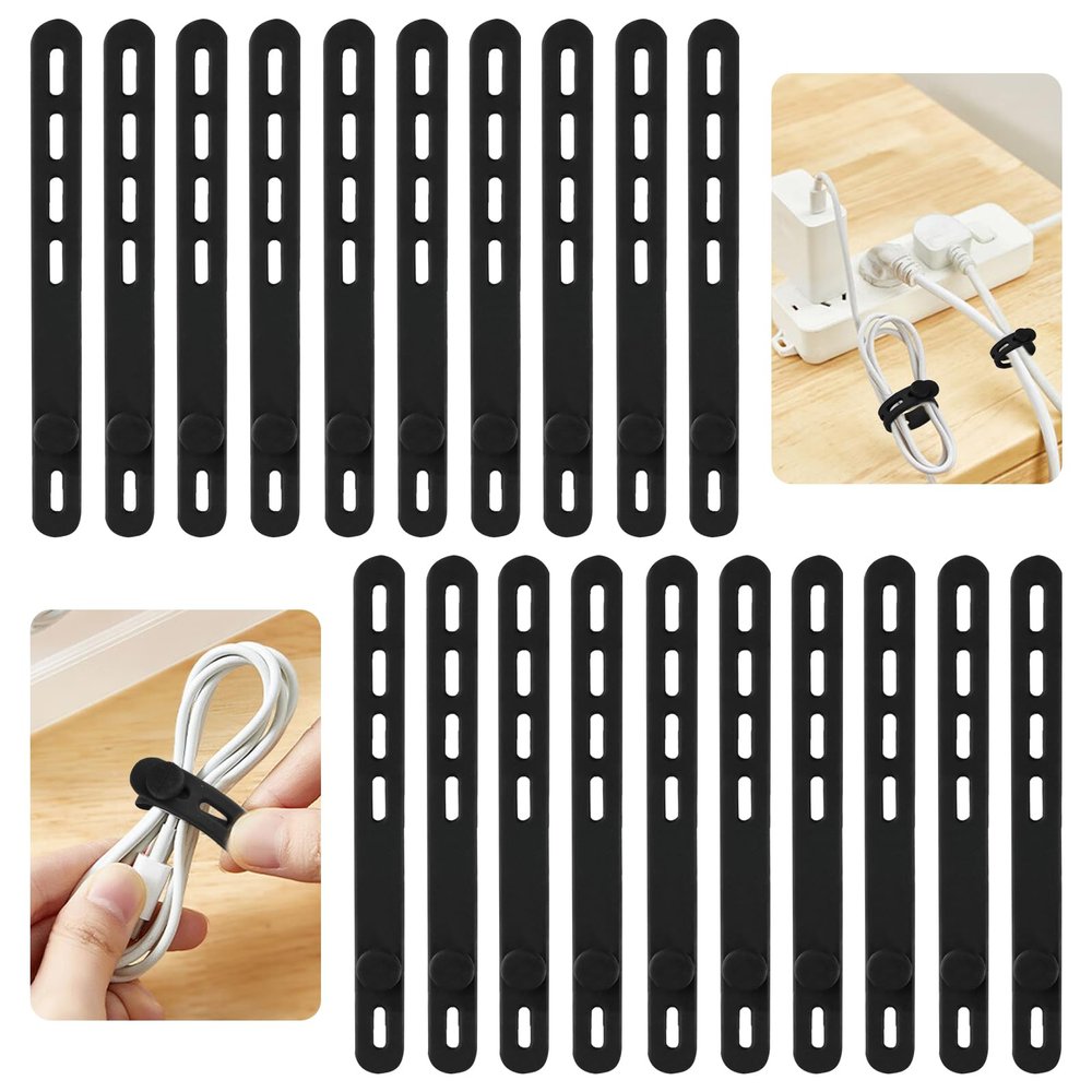 20 Pcs Black Silicone Cable Ties, Reusable Cable Straps Wire Organizer, Cable Management Cord Organizer for Fastening Earphone Phone Charger Home Office Desk Kitchen Appliances Cable Cords Wires