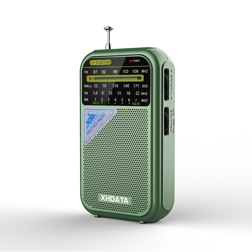 XHDATA D221 NOAA Weather Radio Portable AM FM Shortwave Radio Receiver, 2 AA Battery Operated, Transistor Radio with Excellent Reception for Emergency, Hurricane, Gift, Walking and Home (Green)