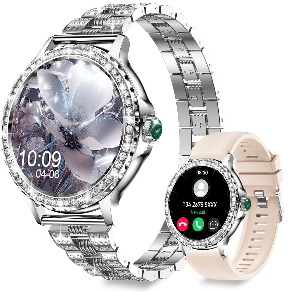 Smart Watches for Women(Answer/Make Calls) with Diamonds, 1.3 HD Bluetooth Smart Watch for Android iOS Phones, IP68 Waterproof Fitness Activity Trackers Smartwatch with Heart Rate/SpO2/Sleep Monitor