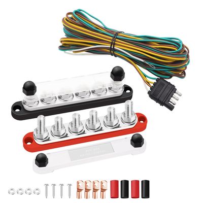 350A Bus Bar 12V Marine Power Distribution Block 6 x 3/8inch (M10)+25 Foot 4 Wire 4-Flat Trailer Light Wiring Harness Extension Kit