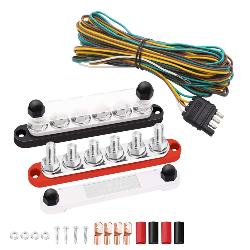 350A Bus Bar 12V Marine Power Distribution Block 6 x 3/8inch (M10)+25 Foot 4 Wire 4-Flat Trailer Light Wiring Harness Extension Kit