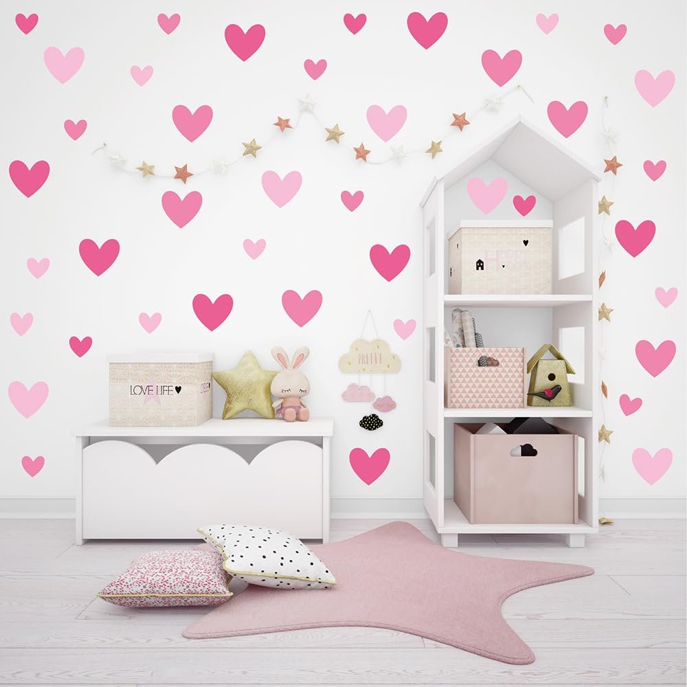 170 PCS Pink Heart Wall Decals Waterproof Vinyl Peel & Stick Ombre Tri-Tone Pink Hearts Decor, 10 Sheets Removable & Repositionable Wall Stickers for Girls Bedroom, Nursery, Kids Room, Dorm