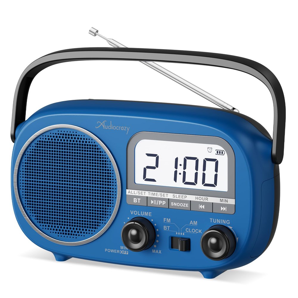 Audiocrazy Portable AM FM Rechargeable Bluetooth Radio with Clock