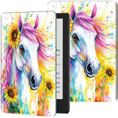 Case for 6.8" Kindle Paperwhite (11th Generation-2021) and Kindle Paperwhite Signature Edition PU Leather Slim Smart Cover with Auto Wake/Sleep for Kindle Paperwhite 2021 E-Reader,Art Horse Sunflower