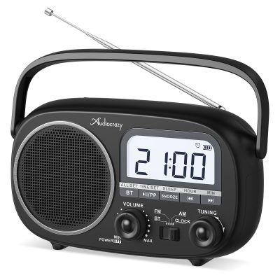 Audiocrazy Portable Radio AM FM with Bluetooth,Built-in Rechargeable Battery/Plug in Wall/4*D Cell Battery Operated, Digital Time Display, Transistor Radio for Home,Outdoor,Gift,Seniors Space Black