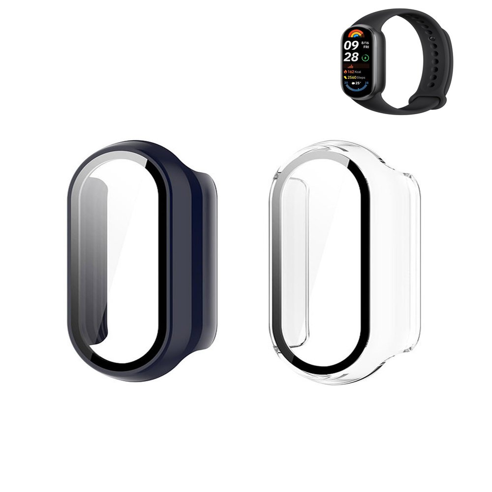 (2 Pack) Case for Xiaomi Smart Band 9 Global Version (2024) 1.62" Amoled Display, Hard PC Screen Protector,9H Tempered Glass Ultra-Thin Full-Coverage Shockproof Bumper,Transparent&Blue.