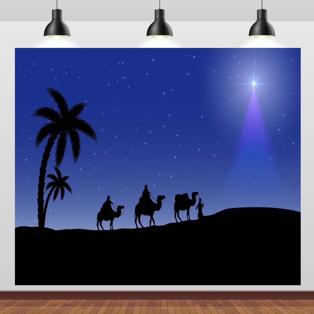 BELECO 17x10ft Fabric Nativity Scene Backdrop Blue Christmas Star Night Three Wise Men Birth of Jesus Background Star of Bethlehem Nativity Decoration Religious Church Outdoor Banner Photo Props