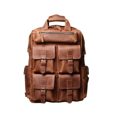 ROROR Vintage Genuine Leather Mens Backpack Cowhide Backpack Large Capacity Computer Bag for Men(Retro Brown)