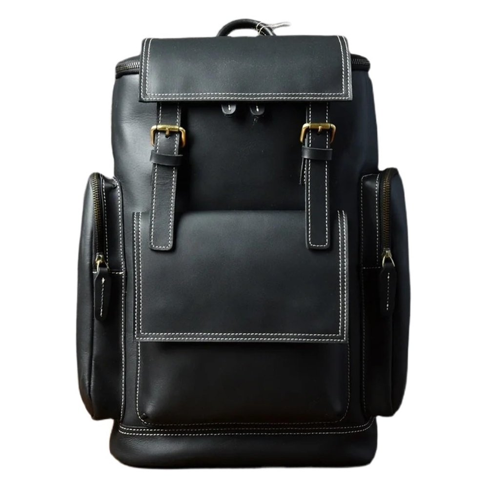 Leather Large Capacity Laptop Backpack for Men Retro Cowhide Laptop Bag Business Travel Bag for Men(Black)