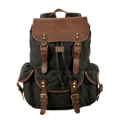 Fashion Retro Canvas Backpacks for Men Leather Mens Laptop Backpack(Black)