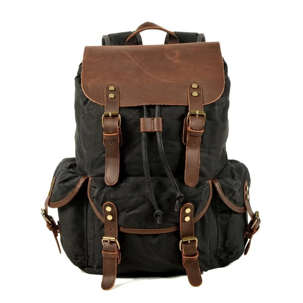 Fashion Retro Canvas Backpacks for Men Leather Mens Laptop Backpack(Black)