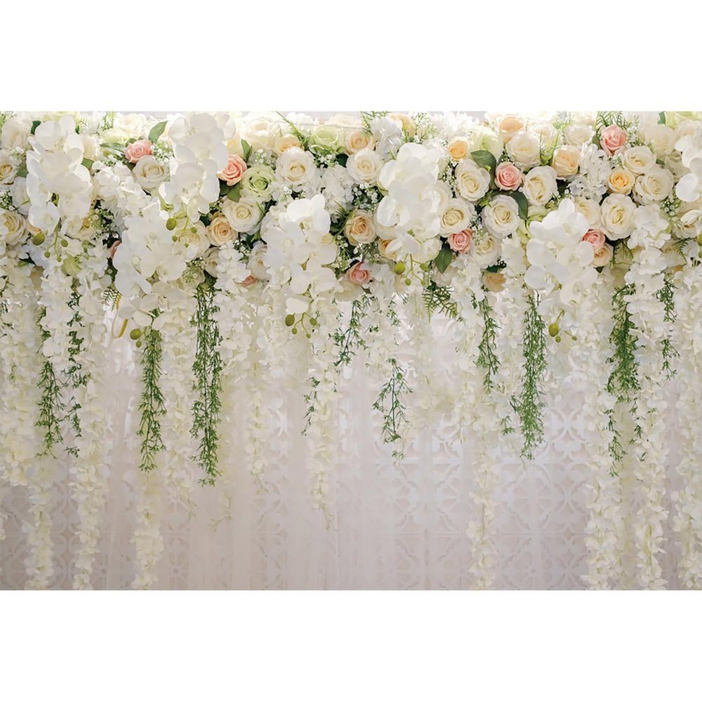 12x10ft Wedding Backdrop White Curtain Floral Wedding Ceremony Photography Background Bridal Shower Party Decor Lover Engagement Proposal Prom Banner Newborn Baby Shower Party Vinyl Wallpaper