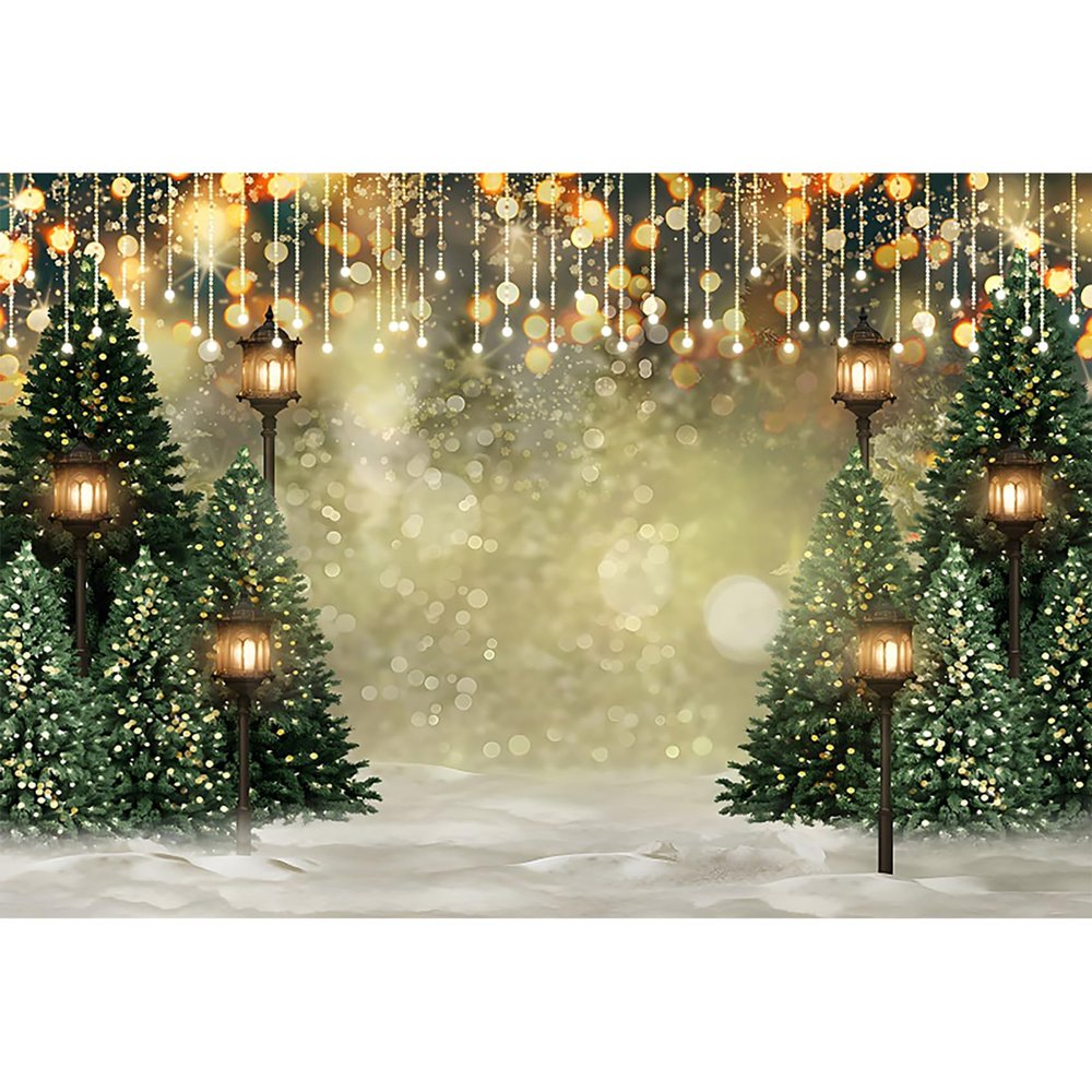 12x10ft Merry Christmas Backdrops for Photography Xmas Trees Streetlamp Bokeh Snowfield New Year Party Winter Backgrounds Photobooth Props Baby Shower Kids Portrait Photo Studio Decor