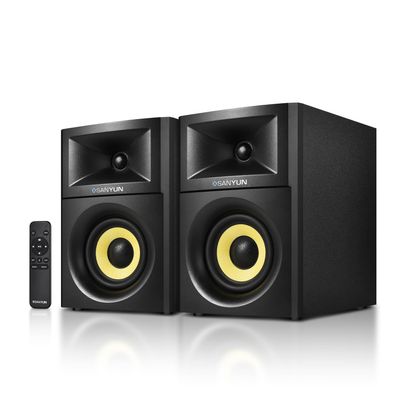 Sanyun SW205 80W Powered Bookshelf Speakers with 3D Soundstage | Precision DSP Spatial Audio & Geometric Cabinet | 4" Glass Fiber Woofer, Optical/Bluetooth 5.4/AUX, Wireless Remote (Pair, Black)