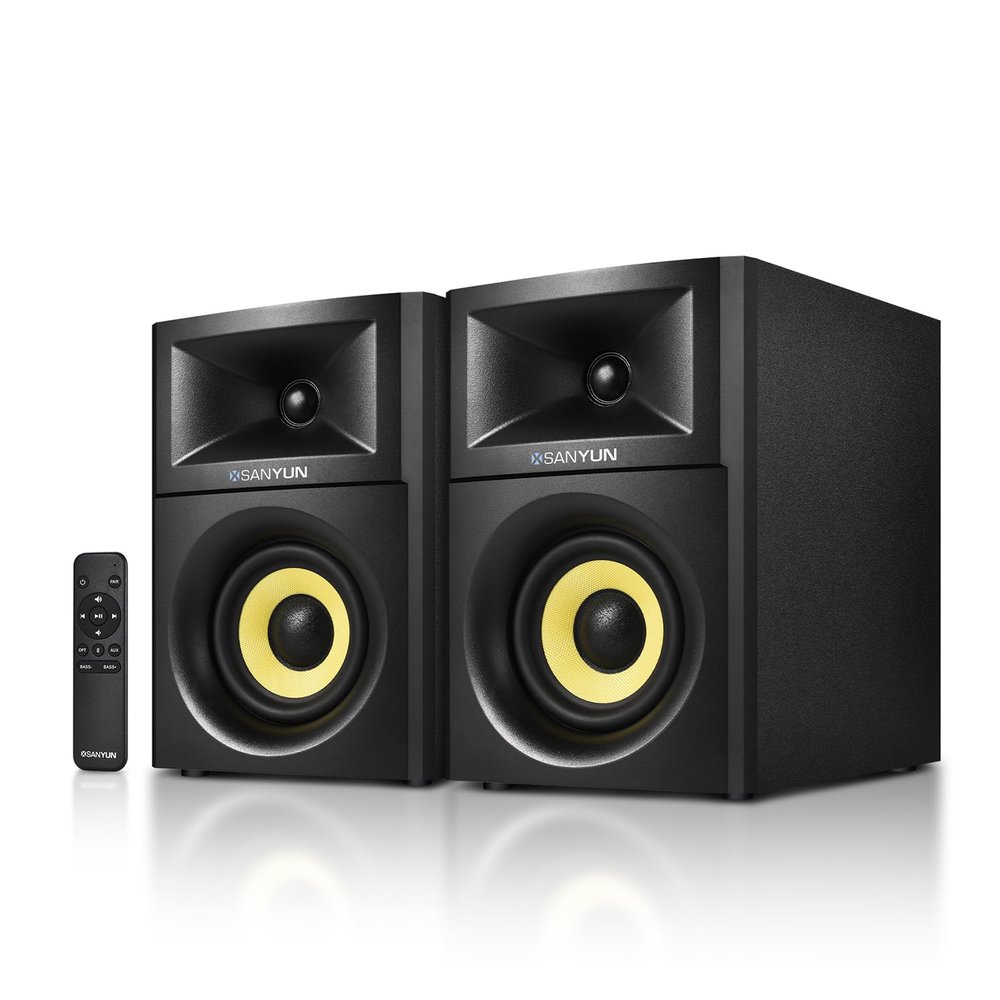 Sanyun SW205 80W Powered Bookshelf Speakers with 3D Soundstage | Precision DSP Spatial Audio & Geometric Cabinet | 4" Glass Fiber Woofer, Optical/Bluetooth 5.4/AUX, Wireless Remote (Pair, Black)