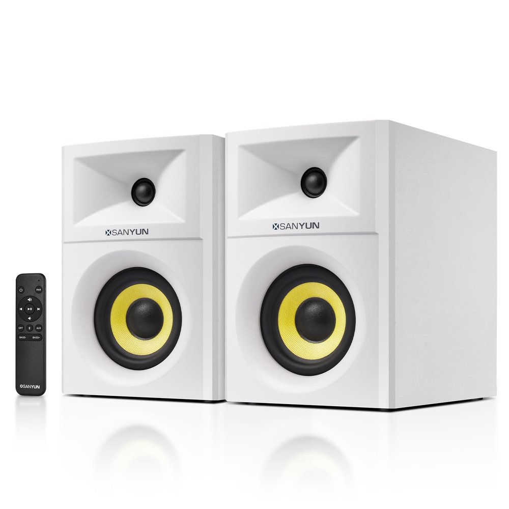 Sanyun SW205 4" Bookshelf Speakers | Immersive HiFi Audio with Virtual Surround | Flagship DAC/DSP Engine | Geometric Diffusion Cabinet | 80W, Bluetooth 5.4/Optical/AUX Inputs, Wireless Remote, White