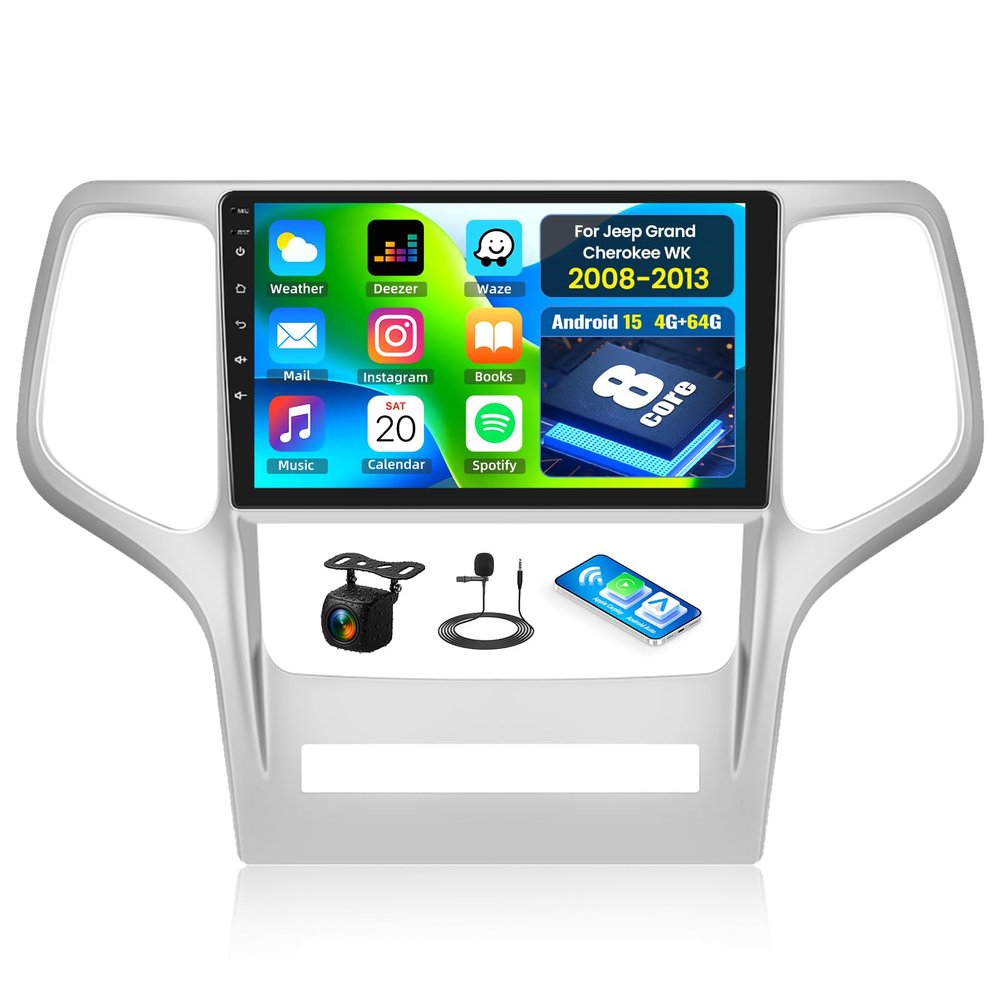[4+64G]8 Core Android 13 Car Radio Stereo for Jeep Grand Cherokee WK 2008-2013 with Wireless CarPlay,9 Inch HD IPS Touch Screen,5G WiFi,GPS Navigation,DSP,Bluetooth,FM/RDS,SWC,AHD Backup Camera,Canbus