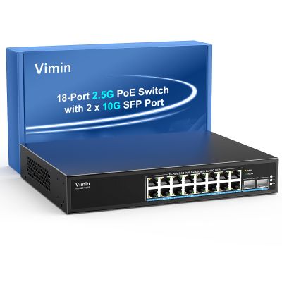 16 Port 2.5G PoE Switch Unmanaged with 2X 10Gbps SFP, VIMIN 16x 2.5G Base-T PoE Ports, 10G SFP PoE Switch w/ 120Gbps Ethernet Switching Capacity, IEEE802.3af/at, 250W, VLAN, Metal Housing, Fanless