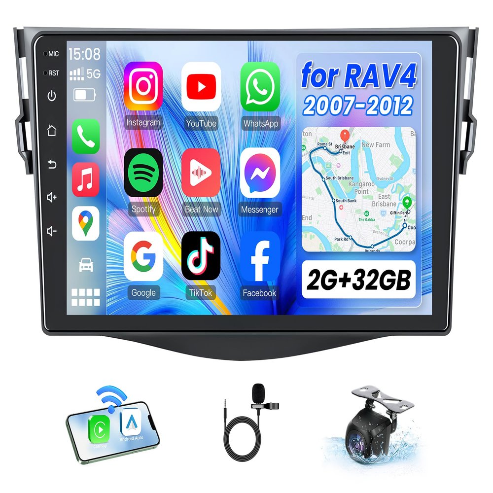 [4 Core + 32G] for Toyota RAV4 Radio 2007-2012: 9" 1280 * 800 HD Touch Screen Stereo with Wireless CarPlay Android Auto 5G WiFi GPS Bluetooth 5.0 FM RDS SWC Backup Camera