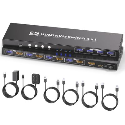 4K@60Hz HDMI KVM Switch 1 Monitors 4 Computers, USB 3.0 4 Port HDMI KVM Switch for 4 Computers Share 1 Set of Keyboard, Mouse, Monitor and 4 USB 3.0 Ports