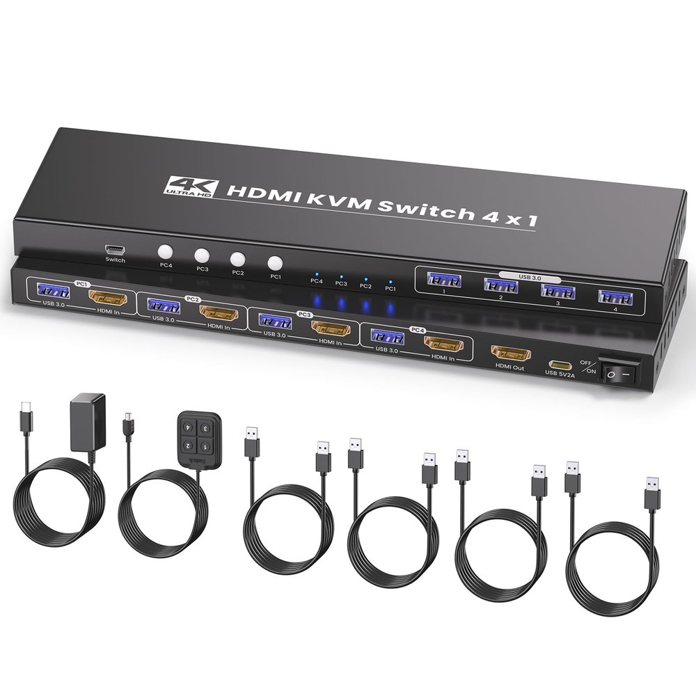 4K@60Hz HDMI KVM Switch 1 Monitors 4 Computers, USB 3.0 4 Port HDMI KVM Switch for 4 Computers Share 1 Set of Keyboard, Mouse, Monitor and 4 USB 3.0 Ports
