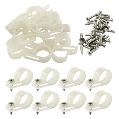 Bivethoi 120 PCS R-Type Cable Clip Wire Clamp, 3/4" White Screw Mounting Clips Nylon Screw Mounting Cord Fastener Wire Conduit Clamp for Wire Management