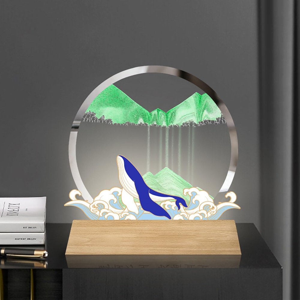 ADFLTFC Moving Sand Art Picture, 7" Moving Sand Art Liquid Motion with Light 3 Color Changing,3D Deep Sea Sandscape in Motion, Round Glass 3D Deep Sea Sand Art Sandscapes for Home Office Work(Green)