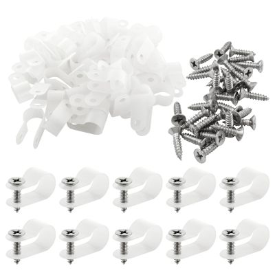 Bivethoi 120 PCS R-Type Cable Clip Wire Clamp, 3/8" White Screw Mounting Clips Nylon Screw Mounting Cord Fastener Wire Conduit Clamp for Wire Management